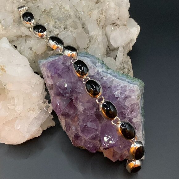 Taxco Black Onyx Sterling Silver 925 Mexico Vtg Bracelet Modernist J419 - Picture 8 of 10